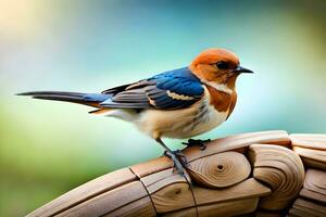 a small bird is sitting on top of a wooden piece. AI-Generated photo