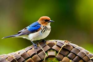 a blue and white bird sitting on top of a woven basket. AI-Generated photo