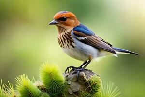 a small bird is perched on top of a pine tree. AI-Generated photo