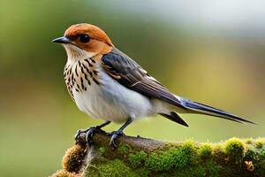 a small bird is sitting on a moss covered branch. AI-Generated photo