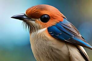 a close up of a bird with a blue head. AI-Generated photo