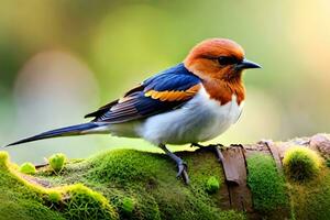 a small bird is sitting on a moss covered branch. AI-Generated photo
