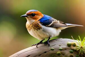 a blue and orange bird is sitting on a branch. AI-Generated photo