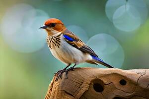 un pequeño pájaro con un azul cabeza y rojo pico. generado por ai foto