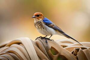 a small bird is sitting on top of a piece of bamboo. AI-Generated photo