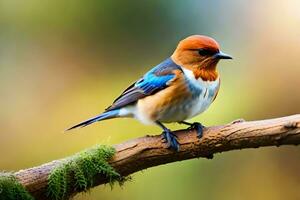 a small bird with a blue head and orange beak. AI-Generated photo