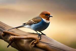 un pequeño pájaro es sentado en un de madera rama. generado por ai foto