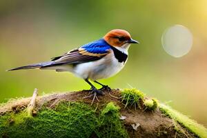 a small bird is standing on top of a moss covered rock. AI-Generated photo