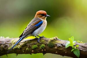 a blue and red bird is sitting on a branch. AI-Generated photo