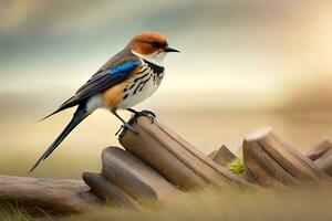 a small bird is sitting on top of a wooden post. AI-Generated photo