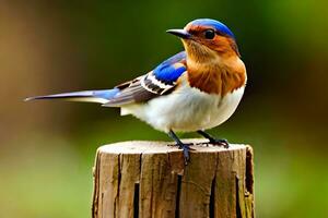 a blue and white bird is sitting on a wooden post. AI-Generated photo