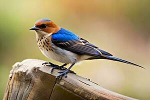 a blue and orange bird sitting on top of a wooden post. AI-Generated photo