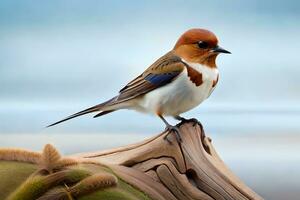 a small bird is sitting on top of a tree trunk. AI-Generated photo