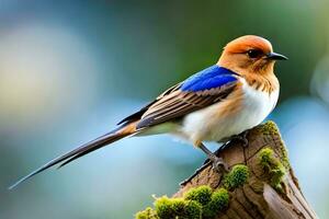 a blue and white bird sitting on top of a tree. AI-Generated photo