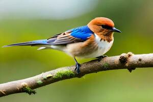 a blue and orange bird sitting on a branch. AI-Generated photo