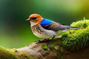 a blue and white bird sitting on a branch. AI-Generated photo