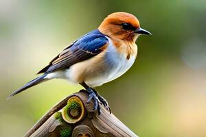 un pequeño pájaro es encaramado en parte superior de un de madera casita para pájaros generado por ai foto