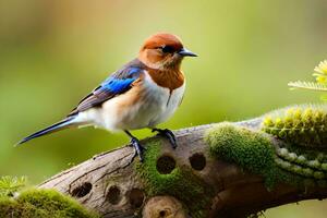 a bird sitting on a branch with moss. AI-Generated photo