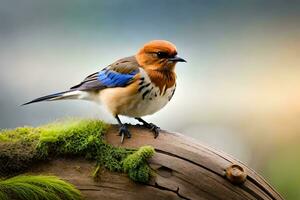 un azul y naranja pájaro sentado en parte superior de un musgo cubierto registro. generado por ai foto