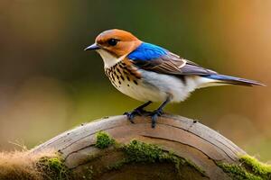 a small bird is sitting on top of a wooden log. AI-Generated photo