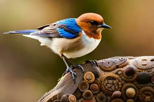 un pájaro con azul y naranja plumas sentado en un de madera cerca. generado por ai foto