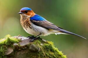 a blue and orange bird is sitting on a rock. AI-Generated photo