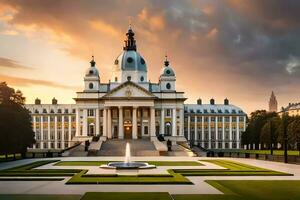 the building of the university of bruges at sunset. AI-Generated photo