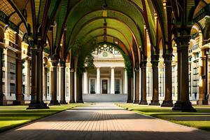 a long walkway with pillars and green grass. AI-Generated photo