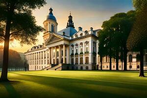 a large building with a clock tower in the middle of a field. AI-Generated photo