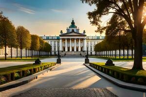 the sun is setting over the palace in the background. AI-Generated photo