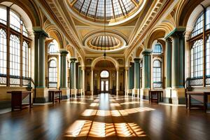 el interior de un grande edificio con muchos ventanas generado por ai foto