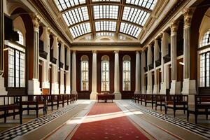 el interior de un grande edificio con columnas y un rojo alfombra. generado por ai foto