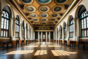 the interior of a large building with many windows. AI-Generated photo