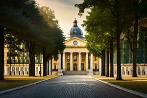 a large building with a clock tower in the middle of a park. AI-Generated photo