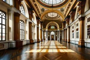 el interior de un grande edificio con un grande techo. generado por ai foto