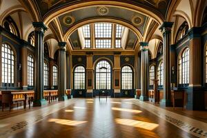 el interior de un grande edificio con arqueado ventanas generado por ai foto