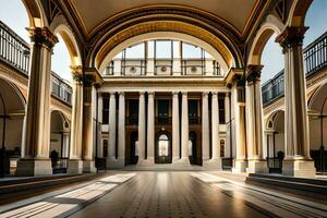 the interior of a large building with columns and arches. AI-Generated photo