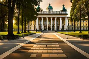 the sun is setting over a large building in the middle of a park. AI-Generated photo