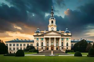 a large building with a clock tower and a lawn. AI-Generated photo