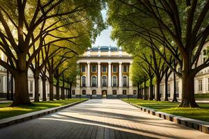 a walkway lined with trees and a building. AI-Generated photo