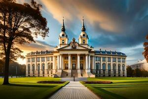 the beautiful building in the middle of a green field. AI-Generated photo