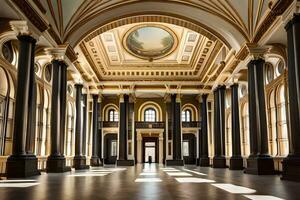 the interior of a large building with columns and a dome. AI-Generated photo