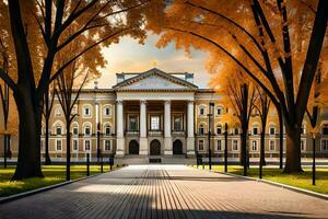 a beautiful building with trees and a pathway in the fall. AI-Generated photo