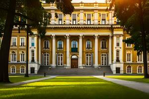 a large building with columns and a lawn. AI-Generated photo