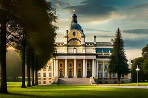 a large building with a clock tower in the middle of a green field. AI-Generated photo