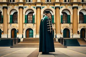 un hombre en un graduación vestido soportes en frente de un edificio. generado por ai foto