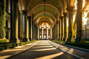 a long walkway with pillars and arches in a building. AI-Generated photo