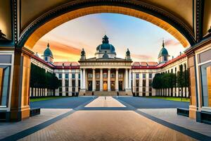 a view of a building with arches and a sky. AI-Generated photo