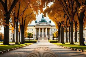 a pathway lined with trees and a building in the fall. AI-Generated photo