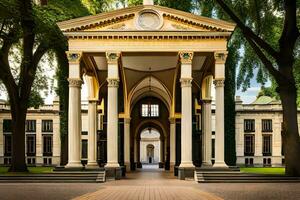 el Entrada a un edificio con columnas y pilares generado por ai foto